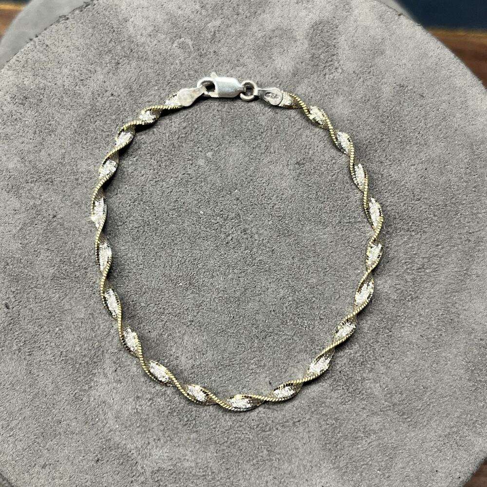 Vintage Sterling 925 Silver Diamond Cut Spiral Bracelet Italy SU 7.5” Gold Tone